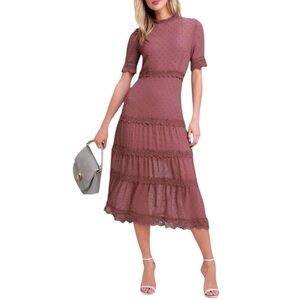 Lulus Dress Mauve Swiss Dot Crochet Lace Tiered Midi Short Sleeve Size Small